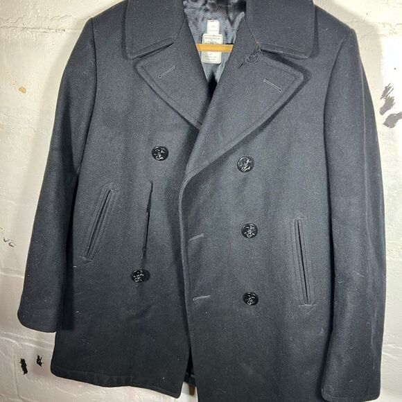 Vintage 90s DSCP Quarterdeck Naval Black Military Wool Heavy Peacoat Jacket 44L - Picture 2 of 13